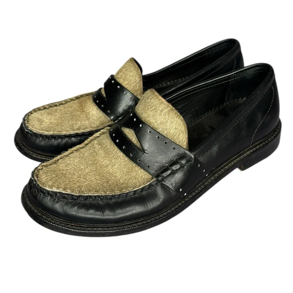 Luxury rag & bone Women’s Black Carter Leather and Calf Hair Loafers 37.5 US 7.5